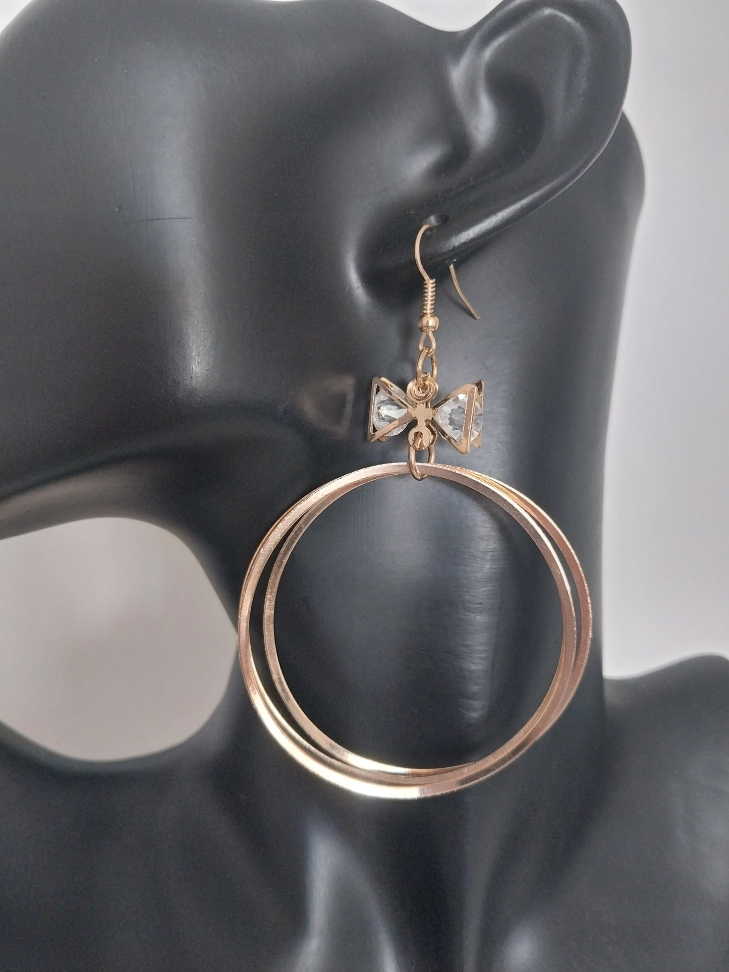 MoUi. Cute Triple Gold Circle with Bow Diamante - Large Gold Dangle Collection