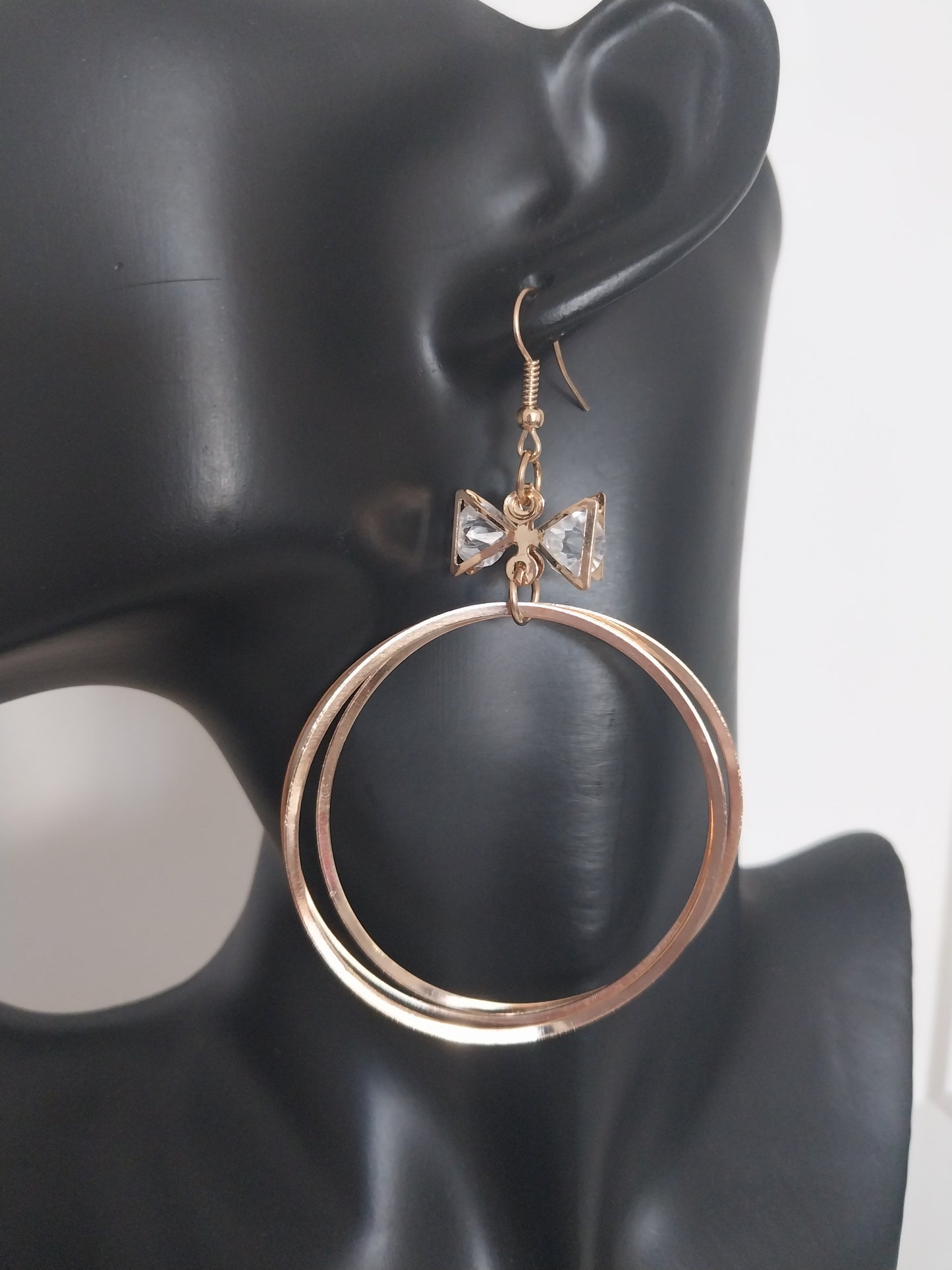 MoUi. Cute Triple Gold Circle with Bow Diamante - Large Gold Dangle Collection