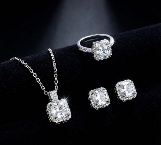 MoUi. New Silver Rhinestone Earrings, Necklace And Ring Set